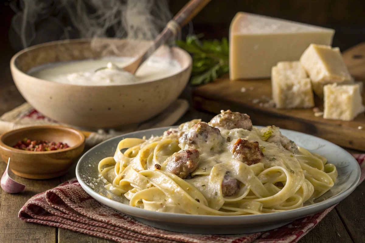 A rustic plate of Alfredo pasta with sausage in a traditional Italian kitchen setting.