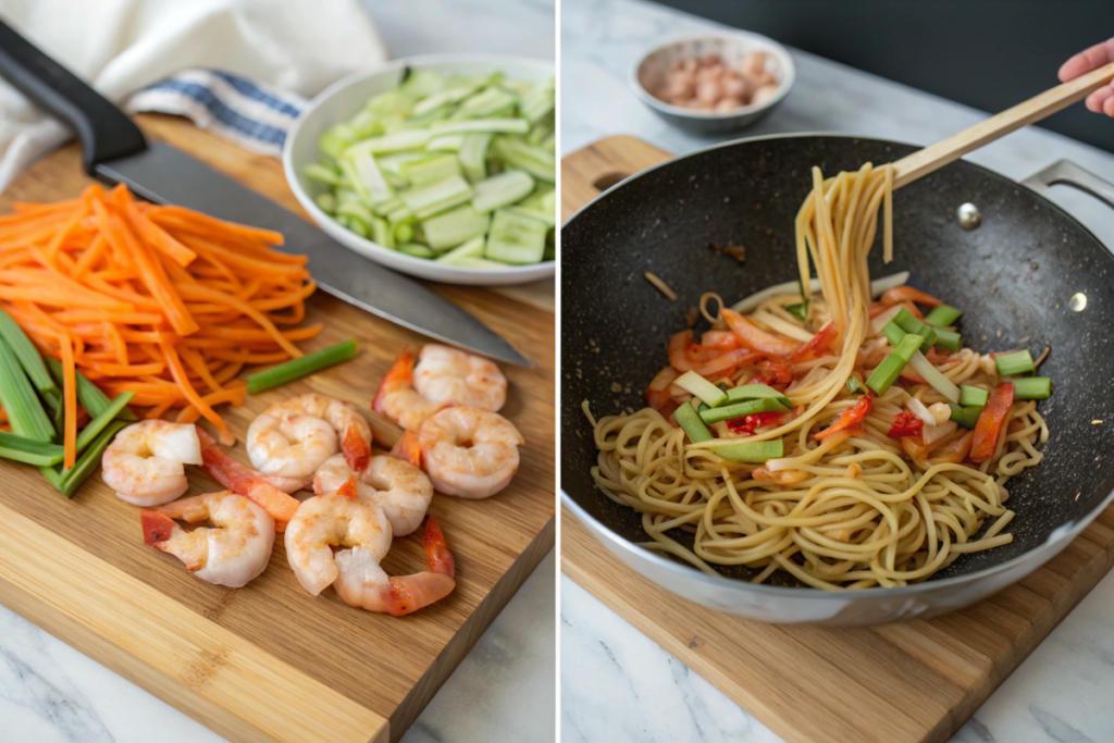 Step-by-step preparation of Shrimp Chow Mein.