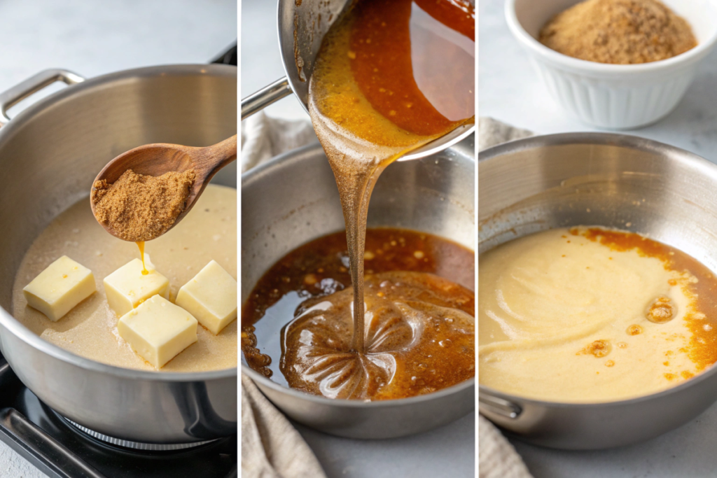 Step-by-step process of making butterscotch syrup in a saucepan.