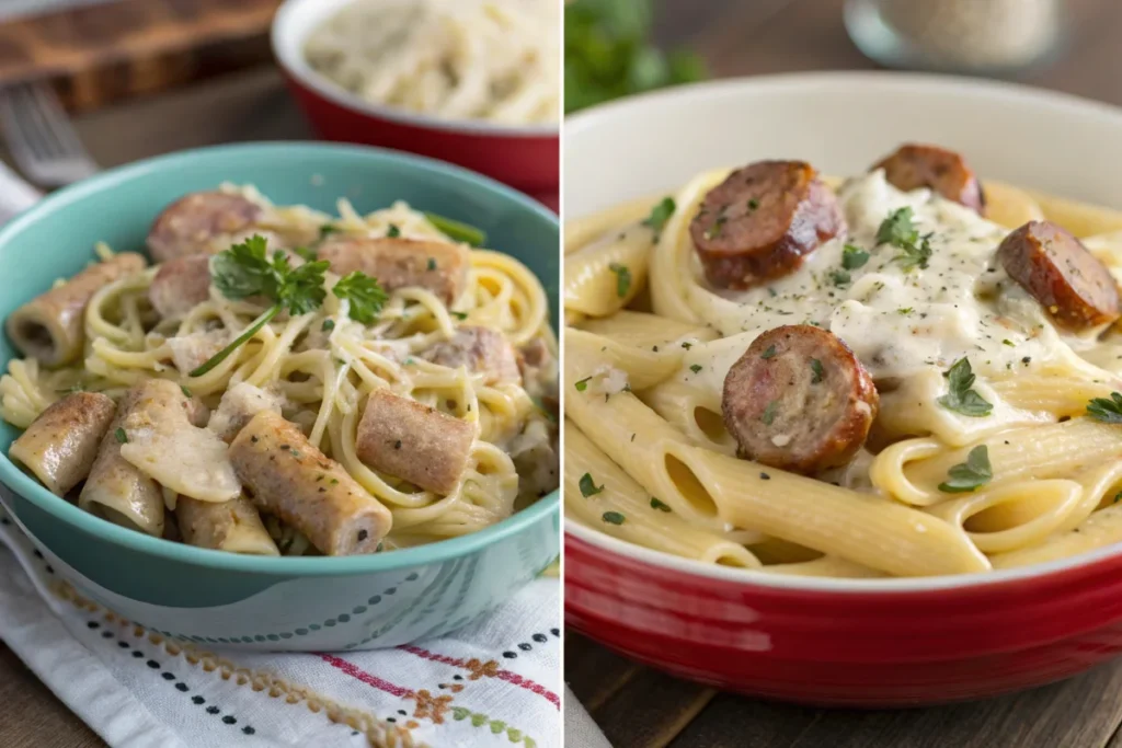 A comparison of traditional and healthier sausage Alfredo pasta versions.