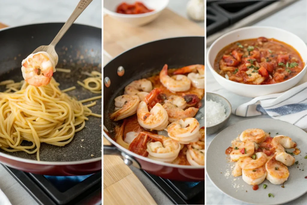 Step-by-step preparation of shrimp spaghetti, from cooking shrimp to plating.