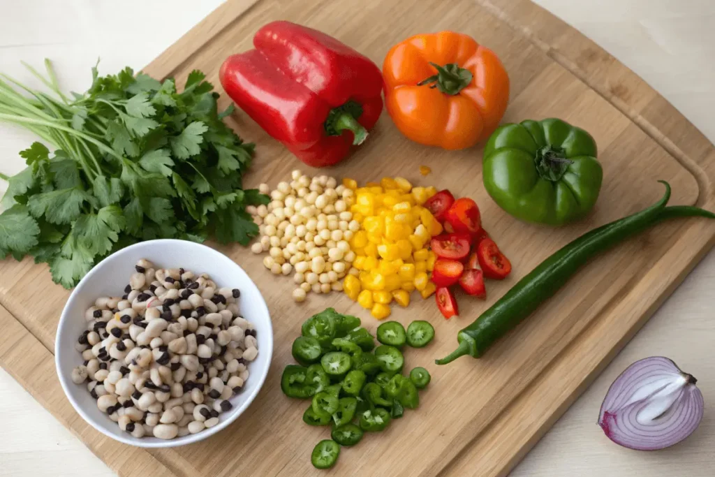 A party setting with people enjoying Texas Caviar as an appetizer.