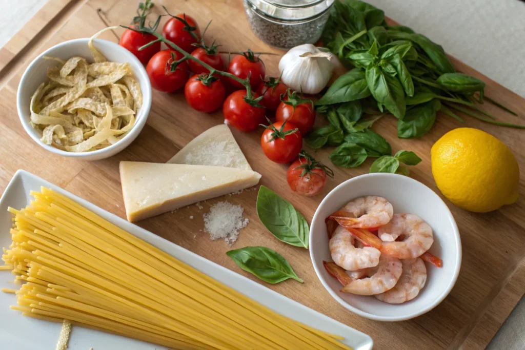 Fresh ingredients for shrimp spaghetti recipe neatly arranged on a kitchen counter.