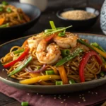 A plate of Shrimp Chow Mein with vegetables and noodles.