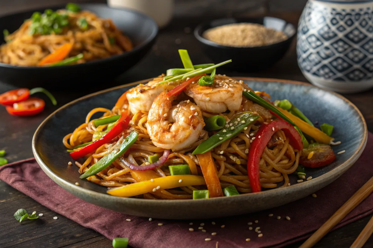 A plate of Shrimp Chow Mein with vegetables and noodles.