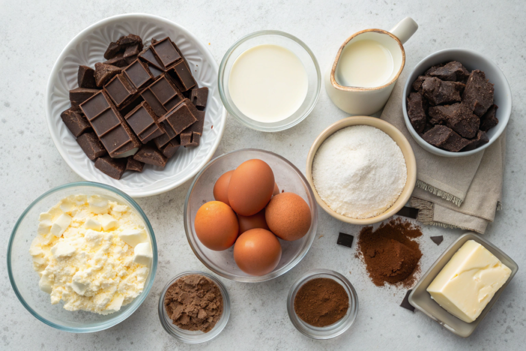 Ingredients for a Triple Chocolate Mousse Cake laid out on a countertop.