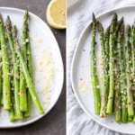 how long does it take to roast asparagus, on a white plate with a lemon wedge.