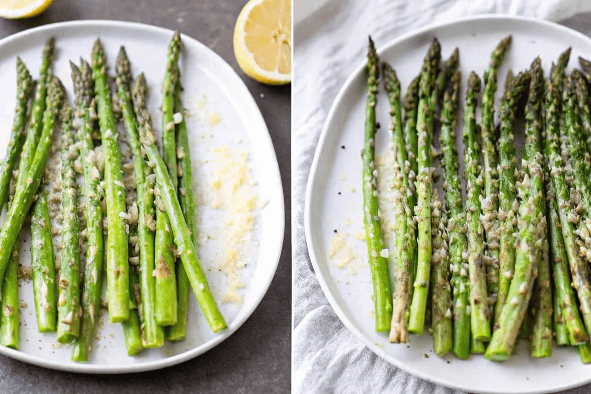 how long does it take to roast asparagus, on a white plate with a lemon wedge.