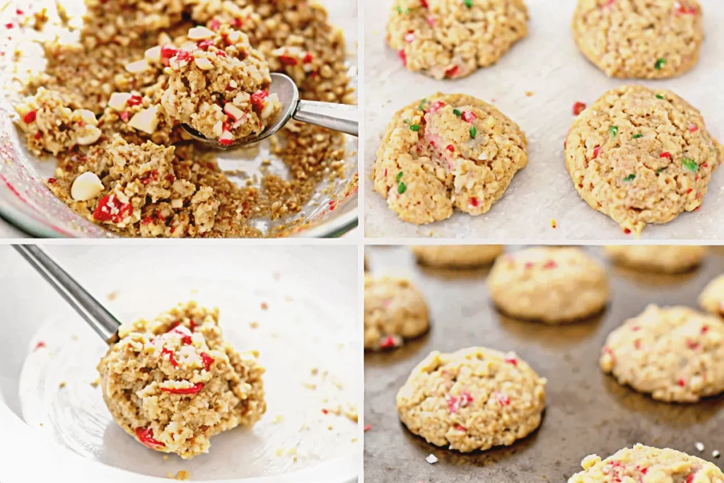 Collage of four images showing how to make rhubarb cookies