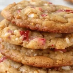Brown Sugar Rhubarb Cookies stacked on a white plate, with chunks of fresh rhubarb.