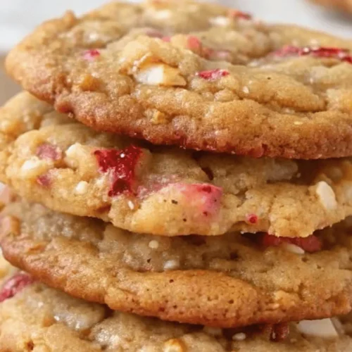 Brown Sugar Rhubarb Cookies stacked on a white plate, with chunks of fresh rhubarb.