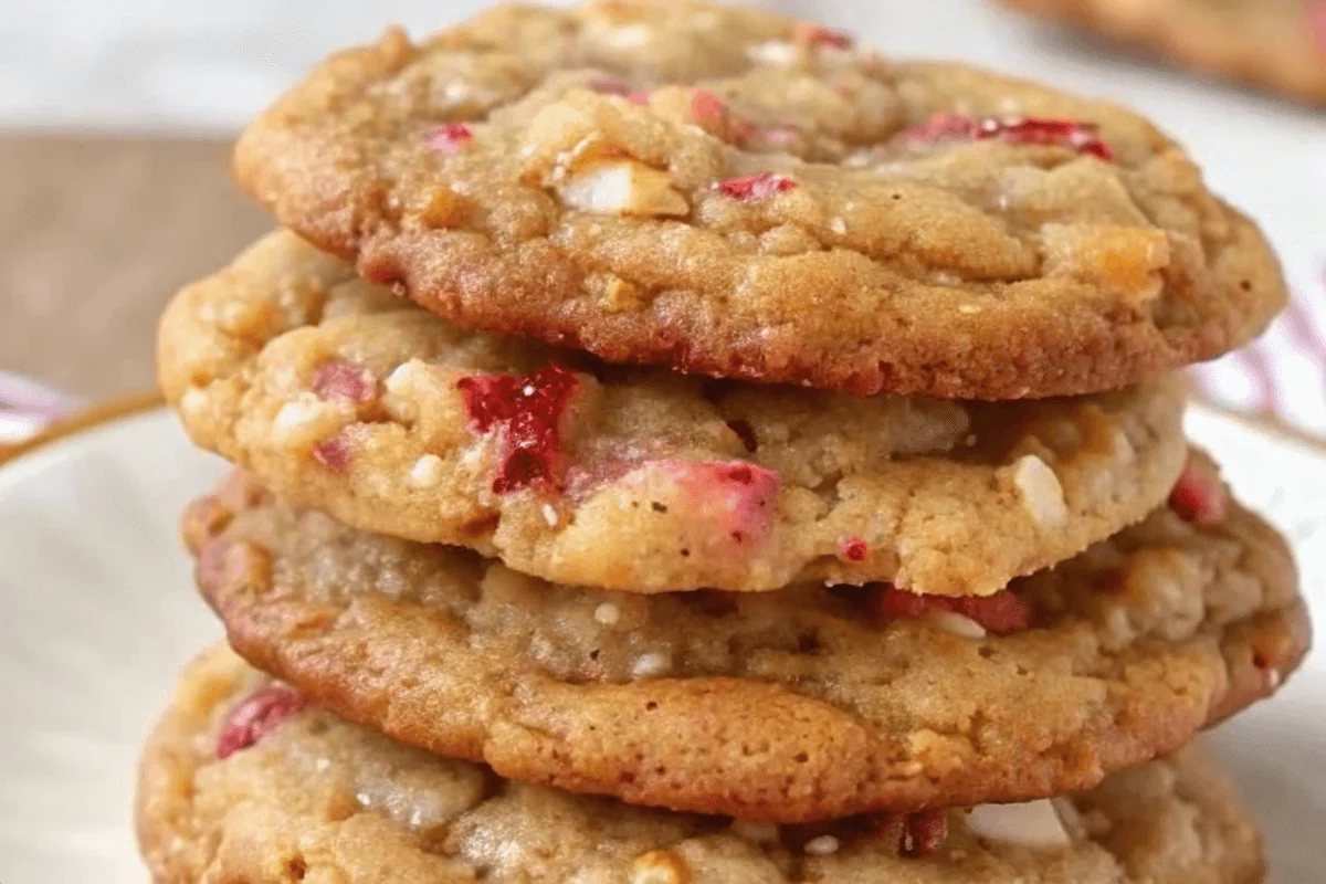 Brown Sugar Rhubarb Cookies stacked on a white plate, with chunks of fresh rhubarb.
