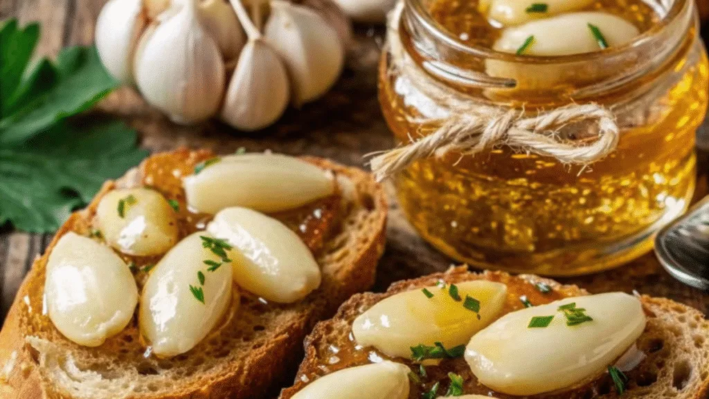 Garlic Confit Recipe: Creamy, Versatile & Safe garlic confit recipe Rustic garlic confit cooking gently in olive oil with fresh herbs